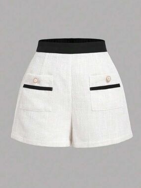 White High-Waist Tweed Shorts with Black Trim